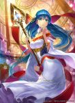  1girl aqua_eyes bare_shoulders blue_eyes blue_hair bracelet character_request copyright_request detached_sleeves dress floating_hair green_eyes hair_ornament hmk84 holding indoors jewelry long_hair red_ribbon ribbon sad solo staff very_long_hair white_dress wide_sleeves 