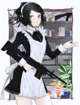  1girl alternate_costume assault_rifle black_hair bob_cut bookshelf bullet cake dangan_ronpa dangan_ronpa_1 dress enmaided explosive expressionless food freckles green_eyes grenade gun ikusaba_mukuro maid maid_headdress nito_(shida) outstretched_hand parfait rifle short_hair solo trigger_discipline weapon 