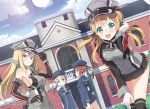  4girls bare_shoulders bismarck_(kantai_collection) blonde_hair blue_eyes breasts brown_eyes brown_hair clothes_writing detached_sleeves dutch_angle gloves hair_ornament hat hyuuga_azuri kantai_collection lens_flare long_hair looking_at_viewer military military_hat military_uniform multiple_girls peaked_cap prinz_eugen_(kantai_collection) sailor_hat short_hair silver_hair smile twintails uniform z1_leberecht_maass_(kantai_collection) z3_max_schultz_(kantai_collection) 
