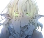 1girl blonde_hair crazy_eyes crying fang green_eyes looking_at_viewer mephist-pheles pointy_ears short_hair simple_background solo tears touhou white_background 