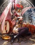  1girl angel_wings armor armored_boots black_legwear bracer cape copyright_name crown guardian_cross jane_mere key lipstick looking_at_viewer magic_circle makeup official_art original pale_skin red_eyes silver_hair sitting solo thigh-highs white_wings wings 
