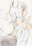  1girl animal_ears bare_shoulders blush breasts closed_eyes colored_pencil_(medium) detached_sleeves hat highres inubashiri_momiji kitazinger large_breasts short_hair solo tail tokin_hat touhou traditional_media white_hair wolf_ears wolf_tail 