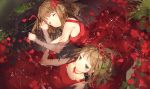  2girls absurdres air_bubble anmi autumn_leaves brown_hair choker closed_eyes dress from_above green_eyes hair_ribbon highres multiple_girls parted_lips partially_submerged red_dress ribbon 