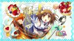  1girl apron brown_hair eretto etotama eyecatch food fruit highres maid_apron nyaa-tan open_mouth ribbon short_hair spoon star strawberry text translation_request 