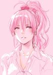  1girl idolmaster idolmaster_cinderella_girls jougasaki_mika monochrome npt_(calpis) parted_lips pink_background ponytail simple_background smile solo 