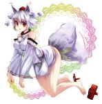  1girl animal_ears bare_legs bare_shoulders barefoot bei_mochi bottomless breasts detached_sleeves geta hat highres inubashiri_momiji large_breasts looking_at_viewer open_mouth pom_pom_(clothes) ribbon-trimmed_sleeves ribbon_trim short_hair solo tail tail_wagging tokin_hat touhou wolf_ears wolf_tail 