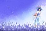  2girls bare_shoulders blue_hair blue_sky breasts closed_eyes commentary_request couple dress fairy_maid grass hat large_breasts long_hair multiple_girls nagae_iku pink_hair ponytail short_hair size_difference sky smile touhou white_dress yohane 