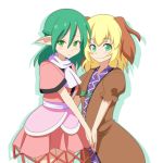  2girls :3 animal_ears blonde_hair blush cato_(monocatienus) cheek-to-cheek cocked_eyebrow color_switch cowboy_shot dog_ears dress frown green_eyes half_updo holding_hands kasodani_kyouko looking_at_viewer mizuhashi_parsee multiple_girls pointy_ears robe scarf smile touhou 
