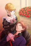  1boy 1girl beatrice black_battler blonde_hair blue_eyes bow choker closed_eyes dress flower hair_bun konoe_(vis9191) lap_pillow necktie redhead rose umineko_no_naku_koro_ni ushiromiya_battler 