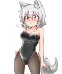  1girl :o animal_ears bare_shoulders black_legwear blush breasts dress fang flying_sweatdrops hand_on_hip highres inubashiri_momiji katsumi5o nervous nose_blush open_mouth pantyhose red_eyes short_hair silver_hair solo strapless_dress tail touhou wolf_ears wolf_tail 