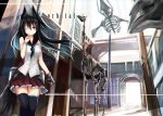  1girl animal_ears black_hair cover cover_page fox_ears fox_tail haik highres long_hair one_eye_closed original red_eyes solo tail thigh-highs 