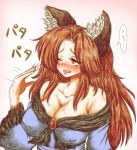  1girl animal_ears bare_shoulders blush breasts brooch brown_hair cleavage collarbone dress fingernails hot imaizumi_kagerou jewelry large_breasts long_hair one_eye_closed open_mouth red_eyes solo speech_bubble sweat tongue tongue_out touhou translation_request wolf_ears ziogon 