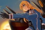  1girl atago_(kantai_collection) beret black_gloves blonde_hair blue_eyes breasts gloves hand_on_hip hat kantai_collection long_hair machinery nishi_koutarou one_eye_closed outstretched_arm smile solo sunset upper_body 