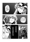  bow closed_eyes comic fangs greyscale hat headgear_removed mob_cap monochrome open_mouth puffy_short_sleeves puffy_sleeves remilia_scarlet short_sleeves simple_background smile touhou translation_request yakumo_yukari yokochou 