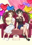  2girls balloon bangs black_hair blue_eyes blush bracelet brown_eyes brown_hair collarbone couch crossed_legs curtains dress eyeliner floral_print full_body hanekoto hat heart heart_balloon high_heels highres holding holding_hat jewelry kantai_collection lipstick looking_at_viewer makeup multicolored_hair multiple_girls necklace red_lipstick shirt shoes short_hair short_hair_with_long_locks shorts sidelocks sitting star star_print swept_bangs tokitsukaze_(kantai_collection) two-tone_hair white_background white_dress white_hair yukikaze_(kantai_collection) 