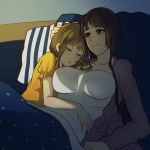  2girls alternate_costume ashigara_(kantai_collection) blanket blonde_hair brown_eyes brown_hair casual character_request closed_eyes hand_on_another&#039;s_head kantai_collection multiple_girls pillow sleeping sleeping_on_person 