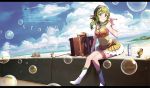  1girl airplane bare_shoulders beach boots bottle bubble bubble_blowing cat clouds goggles goggles_on_head green_eyes green_hair gumi pomon_illust short_hair sitting skirt sky smile solo thigh_strap vocaloid water_bottle wrist_cuffs 