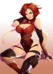 absurdres annah-of-the-shadows armor breasts cleavage dagger green_eyes highres large_breasts leotard long_tail planescape planescape:_torment punch_dagger redhead tail thigh-highs weapon