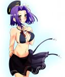  1girl blush breasts cleavage kantai_collection mechanical_halo nagisa_moa navel purple_hair short_hair solo swimsuit tatsuta_(kantai_collection) 
