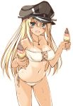 1girl bikini bismarck_(kantai_collection) blonde_hair blue_eyes breasts food hat highres ice_cream ice_cream_cone jewelry kantai_collection long_hair necklace one-piece_tan oota_yuuichi open_mouth peaked_cap solo swimsuit tan tanline 