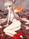  1girl ass blush bow burnt_clothes collared_shirt fiery_wings fujiwara_no_mokou grey_hair hair_bow jack_(wkm74959) long_hair looking_at_viewer looking_back lying on_side open_mouth panties red_eyes shirt shoes socks solo touhou underwear wrist_cuffs 