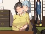  3girls aqua_hair black_hair blush casual character_request closed_eyes drawer full-face_blush hug hug_from_behind kantai_collection multiple_girls myoukou_(kantai_collection) open_mouth takao_(kantai_collection) tears u_rei_3 walk-in yuri 
