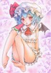  1girl ascot barefoot blue_hair bow funnyfunny hat hat_bow mob_cap popsicle red_eyes remilia_scarlet sash solo touhou traditional_media watermelon_bar 