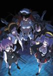  5girls adjusting_glasses bare_shoulders belt black_hair breasts female_admiral_(kantai_collection) glasses glowing glowing_eyes grin hairband hand_on_hip hat highres jacket_on_shoulders kantai_collection katana kirishima_(kantai_collection) large_breasts loafers long_hair looking_at_viewer machinery mechanical_halo multiple_girls nagato_(kantai_collection) navel nontraditional_miko open_mouth pink_hair ponytail purple_hair red_eyes redhead sarashi shiranui_(kantai_collection) shoes short_hair skirt smile sword tatsuta_(kantai_collection) ugatsu_matsuki vest violet_eyes weapon 