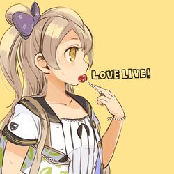  1girl brown_hair candy commentary copyright_name lollipop long_hair love_live!_school_idol_project minami_kotori mota profile ribbon side_ponytail yellow_eyes 