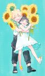  1boy 1girl aqua_eyes black_hair blonde_hair brother_and_sister closed_eyes facial_mark flower highres hug hug_from_behind naruto shigegigi short_hair siblings smile sunflower uzumaki_boruto uzumaki_himawari 