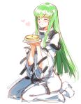  1girl blush c.c. closed_eyes code_geass creayus green_hair heart long_hair pie plate seiza simple_background sitting smile solo straitjacket twitter_username white_background yellow_eyes 