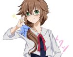  1girl blue_bow bow brown_hair character_name glasses green_eyes hair_bow hair_over_shoulder kagura_yuuto kokonoe_towa long_hair red_bow smile solo tokyo_xanadu upper_body white_background 