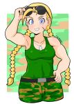  1girl adjusting_sunglasses buraninn cammy_white cosplay guile guile_(cosplay) hand_on_hip highres military solo street_fighter sunglasses sunglasses_on_head tank_top 