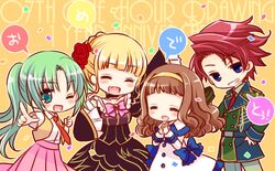  1boy 3girls ;d ^_^ beatrice blonde_hair blue_eyes brown_hair chibi closed_eyes company_connection confetti creator_connection dress fang flower green_eyes green_hair grin hair_bun hair_flower hair_ornament hairband higanbana_no_saku_yoru_ni higurashi_no_naku_koro_ni kusunoki_midori military military_uniform multiple_girls necktie one_eye_closed open_mouth philip_butler ponytail redhead rose rose_guns_days sakurazawa_izumi smile sonozaki_mion umineko_no_naku_koro_ni uniform 