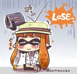  1girl bike_shorts blush bucket closed_eyes collared_shirt hat inkling long_hair orange_hair pointy_ears reimu9 shirt sitting solo splatoon tears tentacle_hair twitter_username 