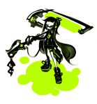  1girl alternate_costume dark_persona domino_mask frown green green_eyes hair_ribbon highres holding_weapon inkling kiku_(kicdoc) long_hair looking_at_viewer mask monochrome over_shoulder paint_roller paint_splatter ribbon shoes simple_background sneakers solo splatoon squid tentacle_hair weapon weapon_over_shoulder white_background 