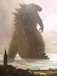  claws clouds epic godzilla godzilla_(series) harbor highres kaijuu matt_allsopp monster production_art promotional_art realistic science_fiction signature spikes sunrise water 