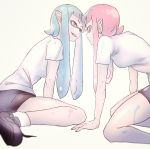 2girls :d absurdres bike_shorts blue_eyes blue_hair domino_mask fangs highres humanization inkling long_hair looking_at_another mask multiple_girls open_mouth pink_eyes pink_hair pointy_ears puchiman shirt simple_background sitting smile splatoon tentacle_hair white_background white_shirt 