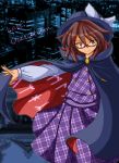  brown_hair cape city d@i_(stamp_delete) english glasses hat hat_ribbon highres outstretched_arm pleated_skirt red_eyes ribbon shirt short_hair shrine skirt smile touhou usami_sumireko vest 