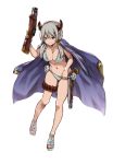  1girl ammunition bikini blue_bikini breasts brown_eyes cape cleavage collarbone full_body granblue_fantasy grey_hair holding_gun holding_weapon horns kumuyu long_hair looking_at_viewer low_twintails navel sandals simple_background solo swimsuit tears twintails white_background yanagida_fumita 