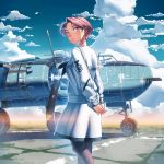  1girl airplane arms_behind_back b-25 bomber clouds gun highres looking_at_viewer looking_back machine_gun military military_uniform naval_uniform neckerchief original propeller redhead sailor short_hair siqi_(miharuu) skirt sky solo uniform weapon world_war_ii yellow_eyes 