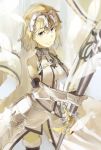  1girl bare_shoulders blonde_hair breasts fate/apocrypha fate/grand_order fate/stay_night fate_(series) faulds forehead_protector gauntlets long_hair ruler_(fate/apocrypha) short_hair thigh-highs tthal violet_eyes 