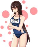 1girl absurdres blush breasts brown_hair cleavage crossed_arms embarrassed highres kantai_collection large_breasts long_hair nagato_(kantai_collection) red_eyes school_swimsuit solo swimsuit yanagi_(aku-se) 