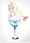  1girl absurdres bendy_straw breasts cleavage drinking_straw high_heels highres luo_tianyi martini_glass nude olive solo vocaloid wet 