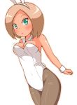  1girl a-ktoo animal_ears brown_hair bunny_tail bunnysuit carol_(pop&#039;n_music) detached_collar green_eyes pantyhose pop&#039;n_music rabbit_ears short_hair tail wrist_cuffs 