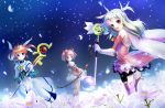  2015 3girls :d bare_shoulders blue_eyes bow bow_(weapon) earrings fate/kaleid_liner_prisma_illya fate_(series) feathers flower gloves hair_bow highres illyasviel_von_einzbern jewelry kaname_madoka kneehighs lyrical_nanoha magical_girl mahou_shoujo_lyrical_nanoha mahou_shoujo_madoka_magica multiple_girls open_back open_mouth orange_hair pink_hair pouch red_eyes signature smile staff star takamachi_nanoha thigh-highs weapon white_gloves white_hair yuitsuki1206 