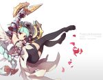  1girl arm_up armor armpits ass bow braid breasts cape character_name gauntlets green_hair highres long_hair looking_at_viewer petals puzzle_&amp;_dragons red_eyes skirt solo tennohi thigh-highs valkyrie_(p&amp;d) weapon zettai_ryouiki 