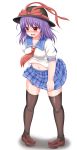  1girl alternate_costume belly black_legwear blush d: embarrassed hat hat_ribbon highres loafers miniskirt nagae_iku navel neckerchief nyako_(hitsuzineko3) open_mouth pigeon-toed plaid plaid_skirt plump purple_hair red_eyes ribbon school_uniform serafuku shoes short_hair skirt skirt_tug solo thigh-highs touhou undersized_clothes weight_conscious 