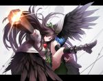  1girl arm_cannon armor bent_knees black_hair black_wings fami_(yellow_skies) long_hair looking_at_viewer red_eyes reiuji_utsuho skirt solo touhou weapon wings 