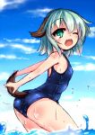  1girl ;d animal_ears ass blush cowboy_shot dog_ears dog_tail green_eyes green_hair highres karasuma_amiru kasodani_kyouko looking_at_viewer one_eye_closed open_mouth school_swimsuit small_breasts smile solo swimsuit tail thighs touhou wet 